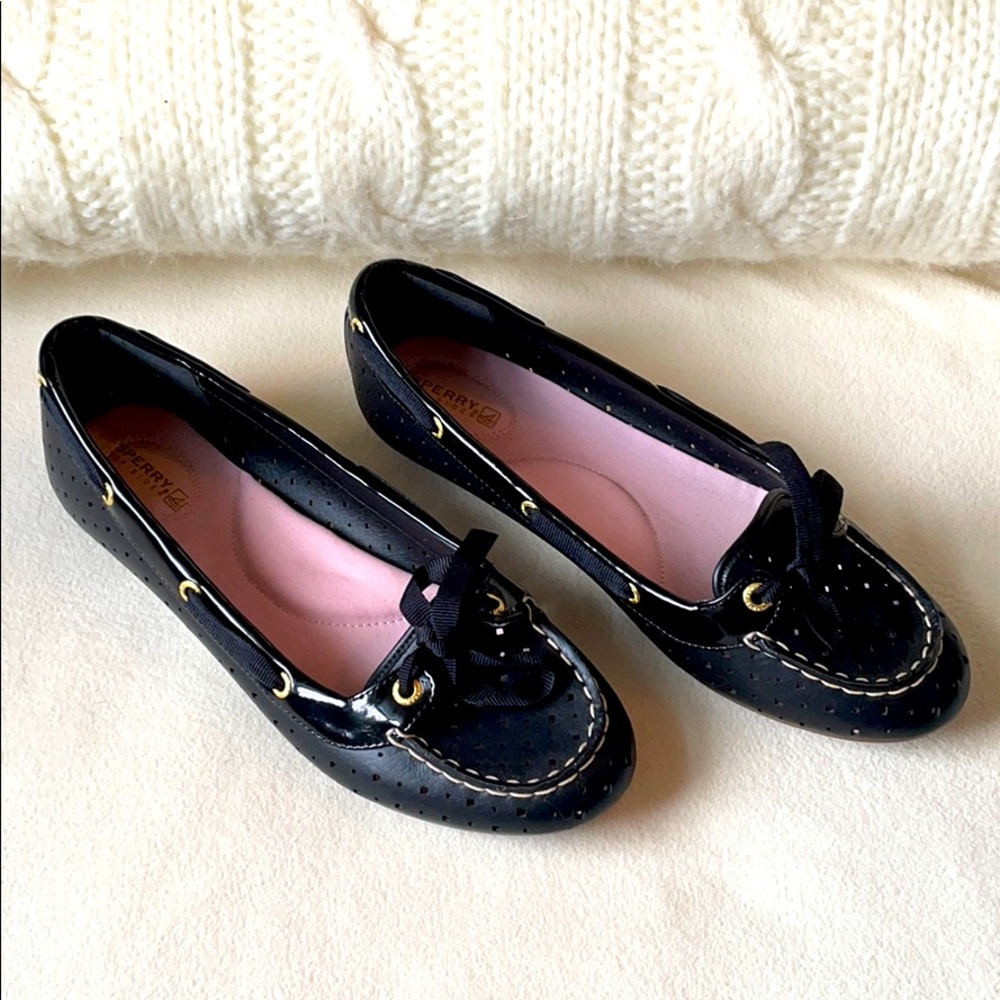 Sperry Black Perforated Bow Loafers with Pink Insole